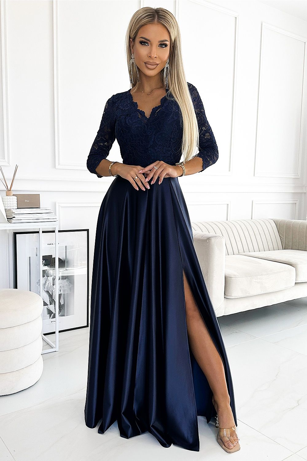  Sukienka Model Amber 309-7 Navy Satyna - Numoco 