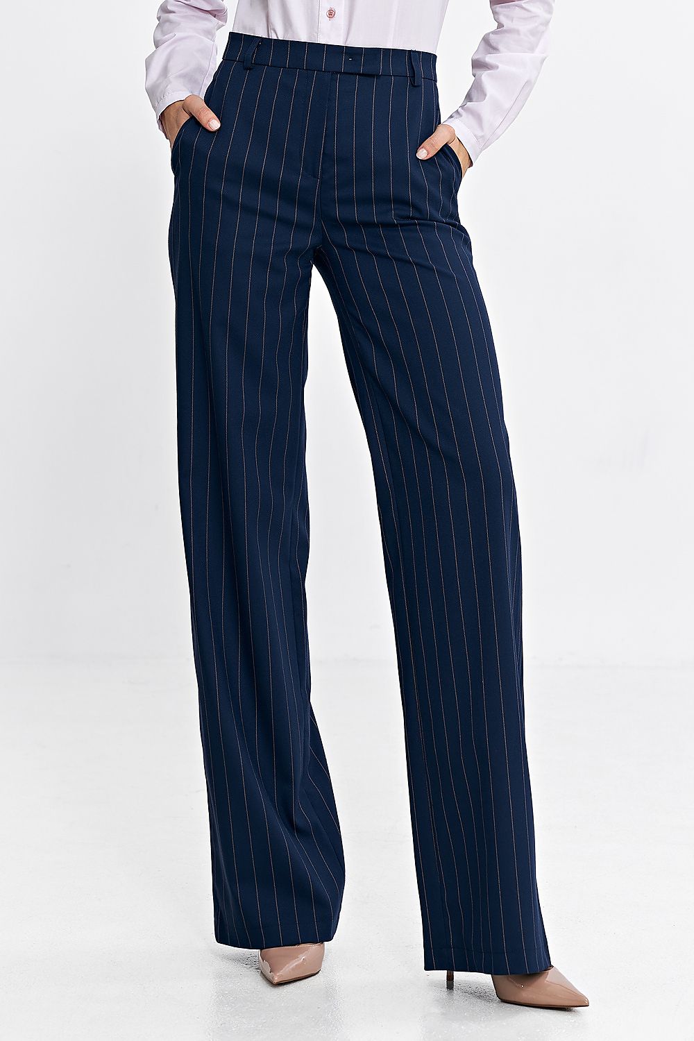   Spodnie bootcut z krytym guzikiem prążek SD103 Navy - Nife 