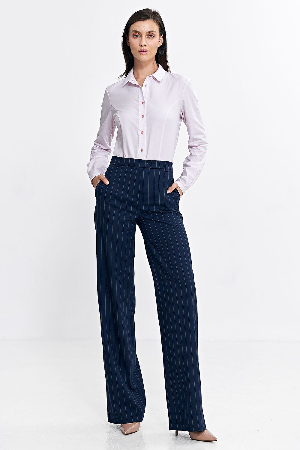   Spodnie bootcut z krytym guzikiem prążek SD103 Navy - Nife 