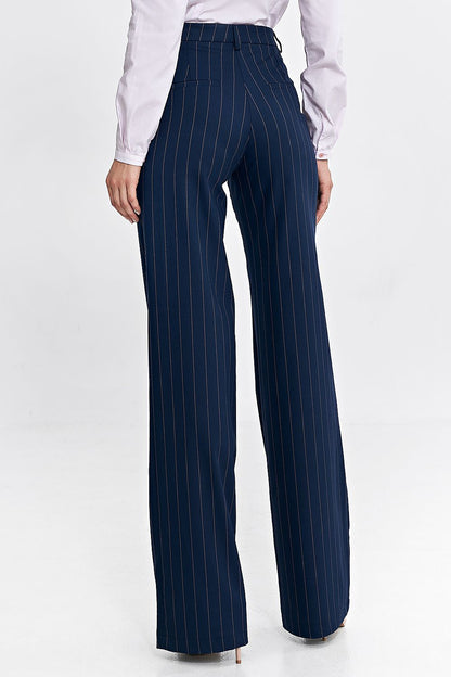   Spodnie bootcut z krytym guzikiem prążek SD103 Navy - Nife 