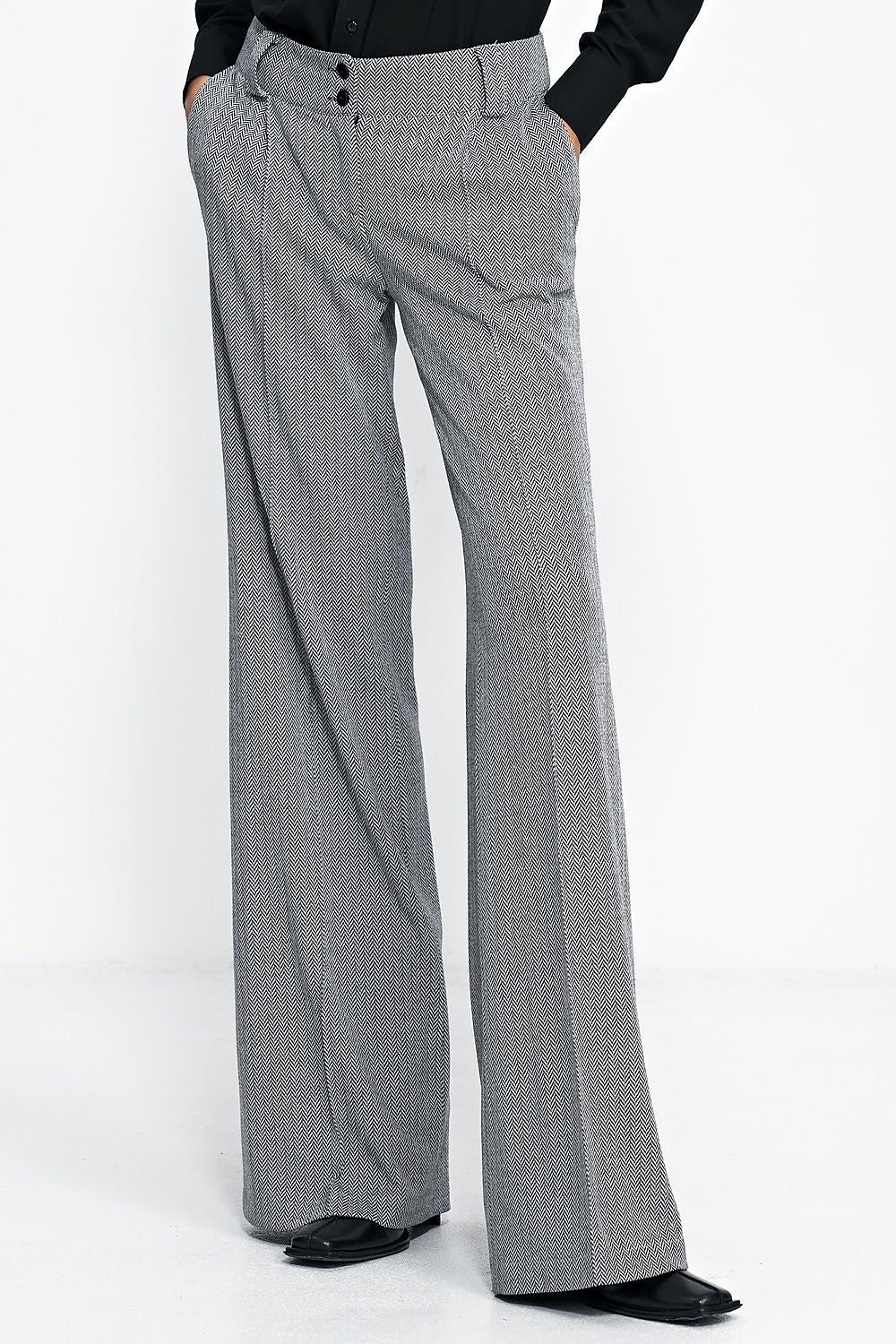   Spodnie wide leg w czarną jodełkę SD82 Black - Nife 