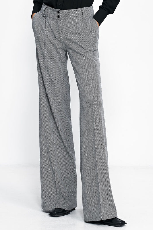   Spodnie wide leg w czarną jodełkę SD82 Black - Nife 
