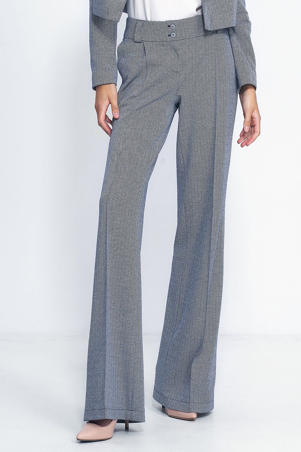   Spodnie wide leg w granatową jodełkę SD82 Navy - Nife 