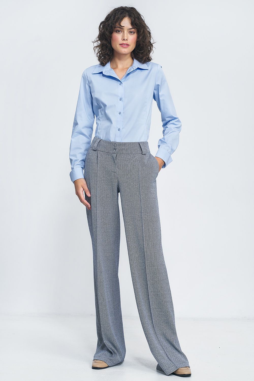   Spodnie wide leg w granatową jodełkę SD82 Navy - Nife 